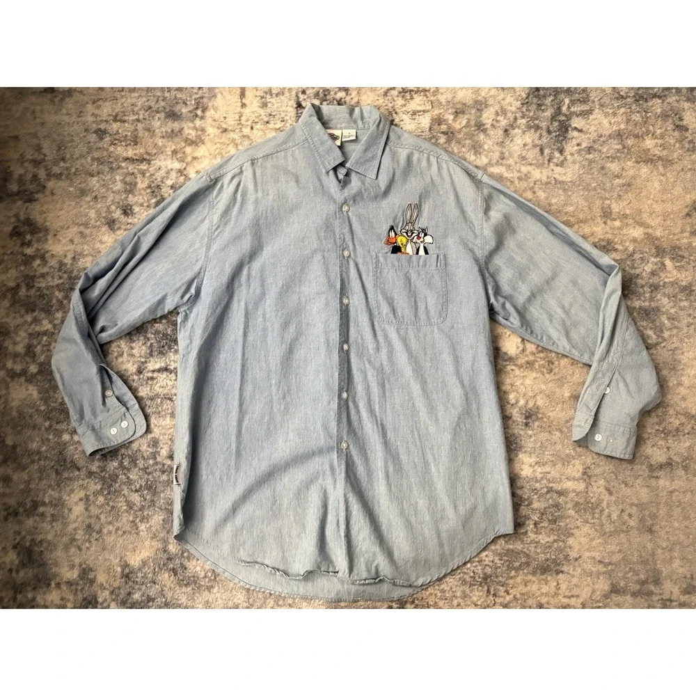 Vintage Acme‎ Clothing Co Looney Tunes Button Up Shirt Men's Size L Denim Look